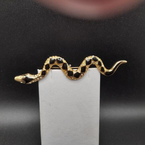 Vintage Snake Brooch, Black Enamel, Clear Rhinestones, 80s Jewelry - Picture 11 of 11
